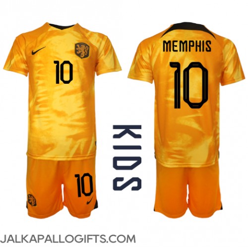 Alankomaat Memphis Depay #10 Koti Peliasu Lasten MM-kisat 2022 Lyhythihainen (+ Lyhyet housut)